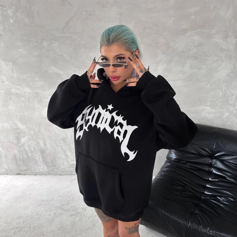 Kadın Oversize Kapüşonlu Cepli Baskılı 3 İplik Pamuklu Hoodie Sweatshirt - Siyah