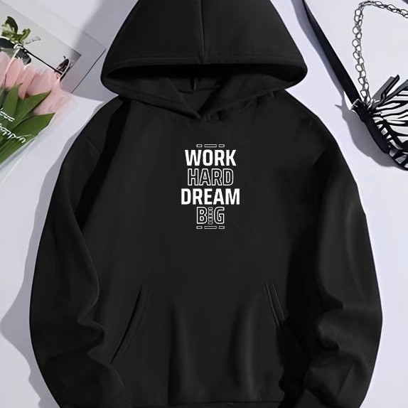 Kadın Oversize Kapüşonlu Cepli Baskılı 3 İplik Pamuklu Hoodie Sweatshirt - Siyah