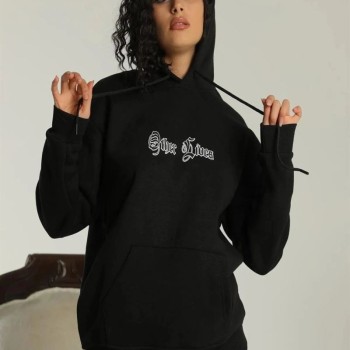 Kadın Oversize Kapüşonlu Cepli Baskılı 3 İplik Pamuklu Hoodie Sweatshirt -  Siyah