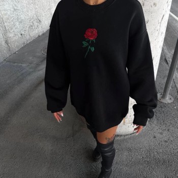 Kadın Oversize Kapüşonlu Cepli GÜL Baskılı 3 İplik Pamuklu Hoodie Sweatshirt - Siyah