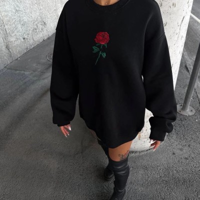 Kadın Oversize Kapüşonlu Cepli GÜL Baskılı 3 İplik Pamuklu Hoodie Sweatshirt - Siyah