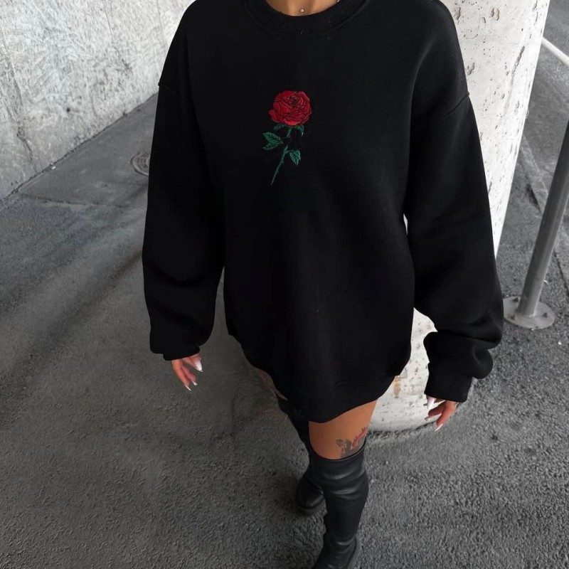 Kadın Oversize Kapüşonlu Cepli GÜL Baskılı 3 İplik Pamuklu Hoodie Sweatshirt - Siyah
