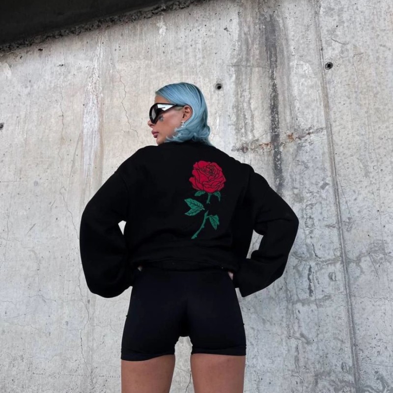 Kadın Oversize Kapüşonlu Cepli GÜL Baskılı 3 İplik Pamuklu Hoodie Sweatshirt - Siyah