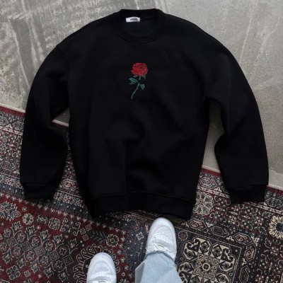Kadın Oversize Kapüşonlu Cepli GÜL Baskılı 3 İplik Pamuklu Hoodie Sweatshirt - Siyah