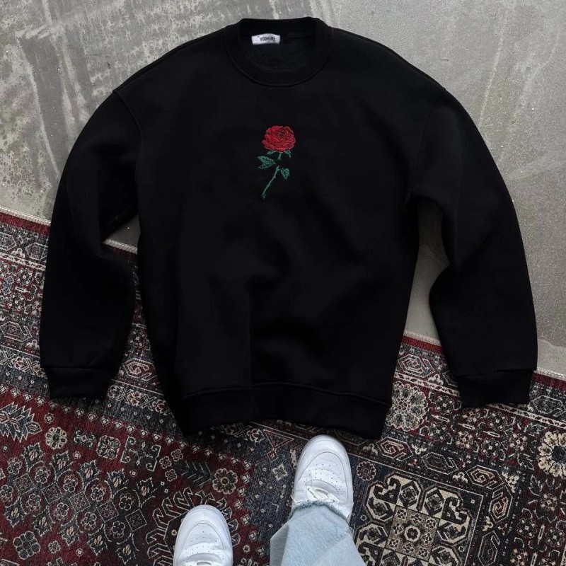 Kadın Oversize Kapüşonlu Cepli GÜL Baskılı 3 İplik Pamuklu Hoodie Sweatshirt - Siyah