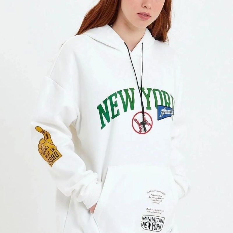 Kadın Oversize Kapüşonlu Cepli Ön Kol Baskılı 3 İplik Pamuklu Hoodie Sweatshirt - Beyaz