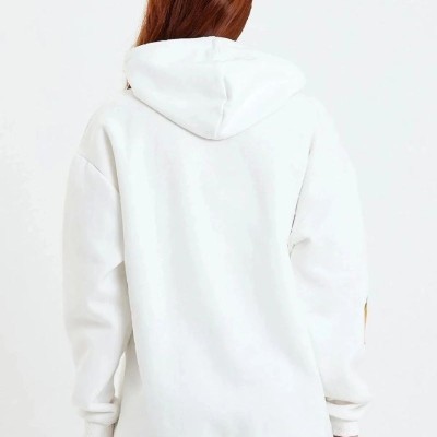 Kadın Oversize Kapüşonlu Cepli Ön Kol Baskılı 3 İplik Pamuklu Hoodie Sweatshirt - Beyaz