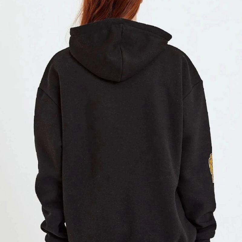 Kadın Oversize Kapüşonlu Cepli Ön Kol Baskılı 3 İplik Pamuklu Hoodie Sweatshirt - Siyah