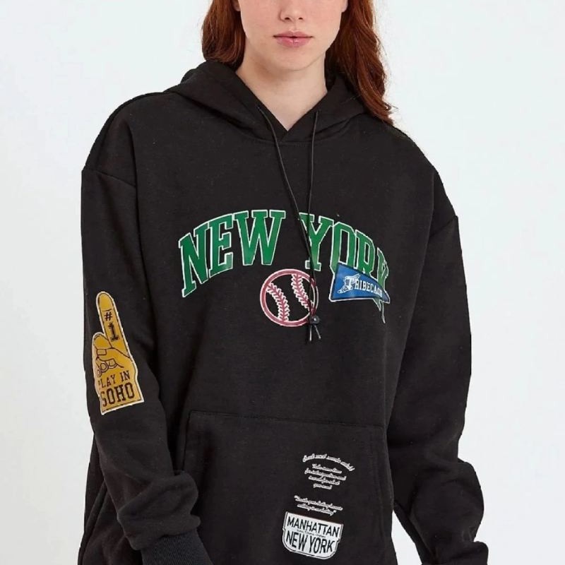 Kadın Oversize Kapüşonlu Cepli Ön Kol Baskılı 3 İplik Pamuklu Hoodie Sweatshirt - Siyah