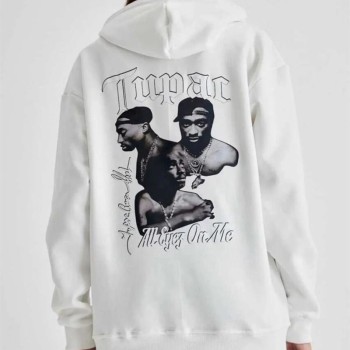 Kadın Oversize Kapüşonlu Cepli TUPAC Baskılı 3 İplik Pamuklu Hoodie Sweatshirt - Beyaz