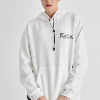 Kadın Oversize Kapüşonlu Cepli TUPAC Baskılı 3 İplik Pamuklu Hoodie Sweatshirt - Beyaz