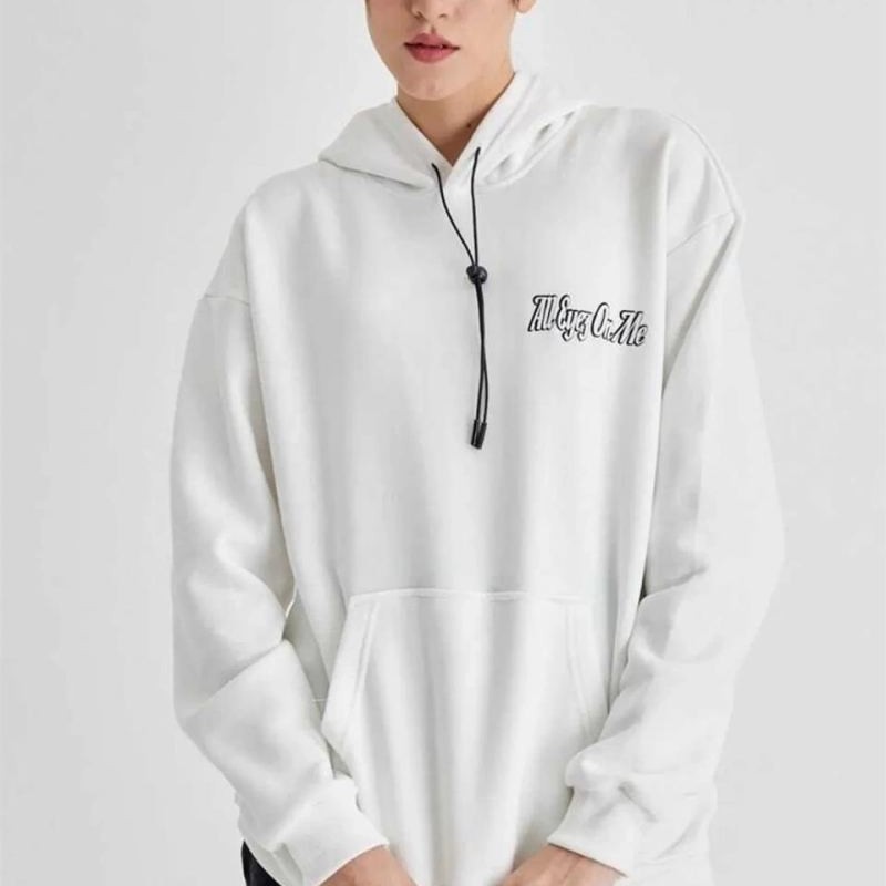 Kadın Oversize Kapüşonlu Cepli TUPAC Baskılı 3 İplik Pamuklu Hoodie Sweatshirt - Beyaz