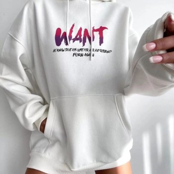 Kadın Oversize Kapüşonlu Cepli WANT Baskılı 3 İplik Pamuklu Hoodie Sweatshirt - Beyaz