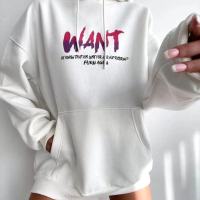 Kadın Oversize Kapüşonlu Cepli WANT Baskılı 3 İplik Pamuklu Hoodie Sweatshirt - Beyaz