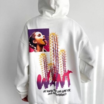 Kadın Oversize Kapüşonlu Cepli WANT Baskılı 3 İplik Pamuklu Hoodie Sweatshirt - Beyaz