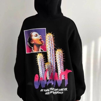 Kadın Oversize Kapüşonlu Cepli WANT Baskılı 3 İplik Pamuklu Hoodie Sweatshirt - Siyah