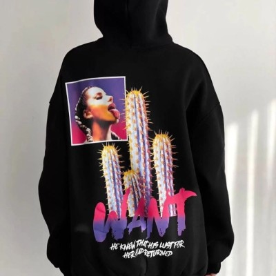 Kadın Oversize Kapüşonlu Cepli WANT Baskılı 3 İplik Pamuklu Hoodie Sweatshirt - Siyah