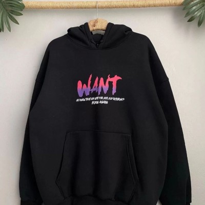 Kadın Oversize Kapüşonlu Cepli WANT Baskılı 3 İplik Pamuklu Hoodie Sweatshirt - Siyah