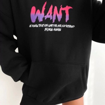 Kadın Oversize Kapüşonlu Cepli WANT Baskılı 3 İplik Pamuklu Hoodie Sweatshirt - Siyah