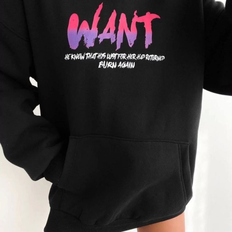 Kadın Oversize Kapüşonlu Cepli WANT Baskılı 3 İplik Pamuklu Hoodie Sweatshirt - Siyah