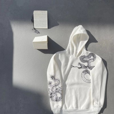 Kadın Oversize Kapüşonlu Kanguru Cepli Baskılı 3 İplik Pamuklu Sweatshirt Hoodie -   Beyaz