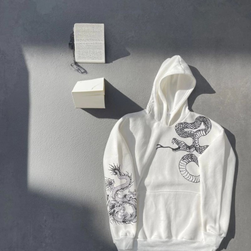 Kadın Oversize Kapüşonlu Kanguru Cepli Baskılı 3 İplik Pamuklu Sweatshirt Hoodie -   Beyaz