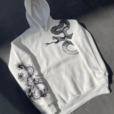 Kadın Oversize Kapüşonlu Kanguru Cepli Baskılı 3 İplik Pamuklu Sweatshirt Hoodie -   Beyaz
