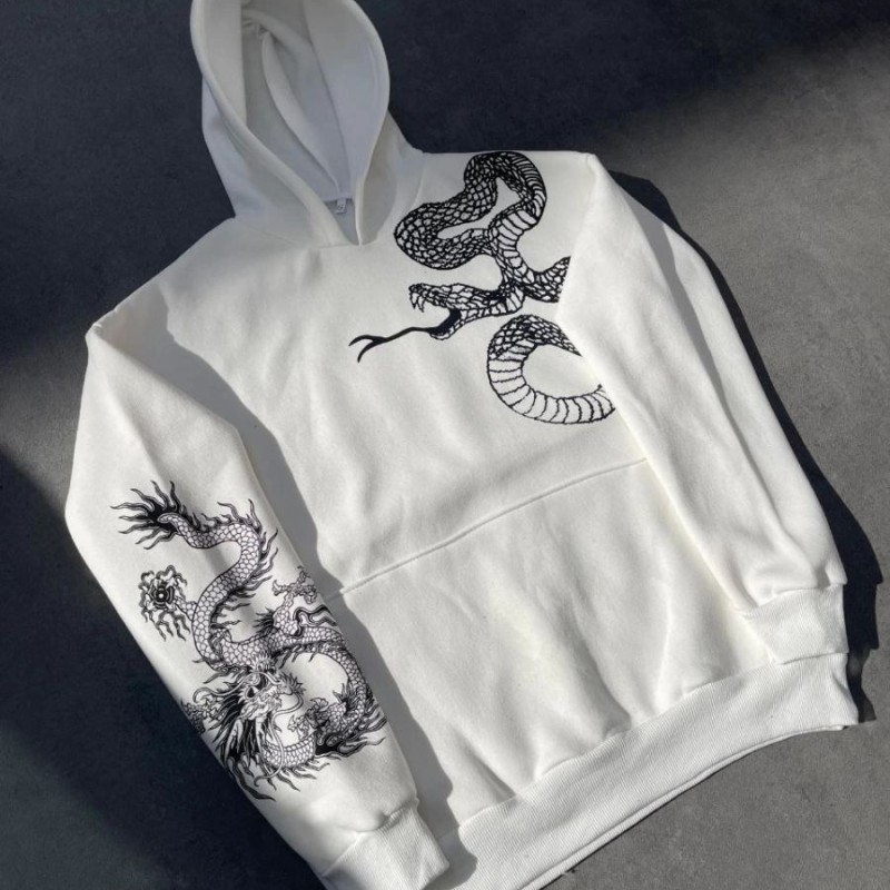 Kadın Oversize Kapüşonlu Kanguru Cepli Baskılı 3 İplik Pamuklu Sweatshirt Hoodie -   Beyaz
