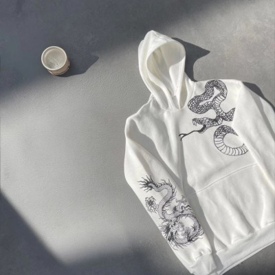 Kadın Oversize Kapüşonlu Kanguru Cepli Baskılı 3 İplik Pamuklu Sweatshirt Hoodie -   Beyaz