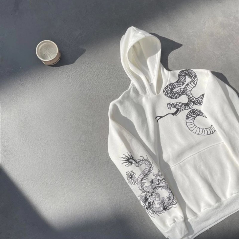 Kadın Oversize Kapüşonlu Kanguru Cepli Baskılı 3 İplik Pamuklu Sweatshirt Hoodie -   Beyaz