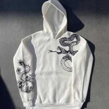 Kadın Oversize Kapüşonlu Kanguru Cepli Baskılı 3 İplik Pamuklu Sweatshirt Hoodie -   Beyaz