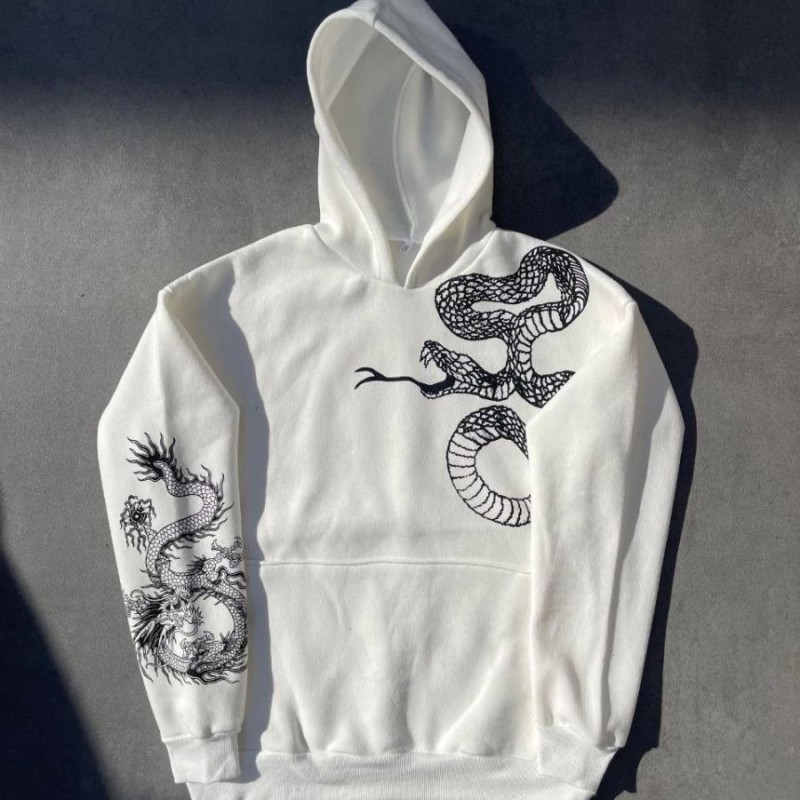 Kadın Oversize Kapüşonlu Kanguru Cepli Baskılı 3 İplik Pamuklu Sweatshirt Hoodie -   Beyaz