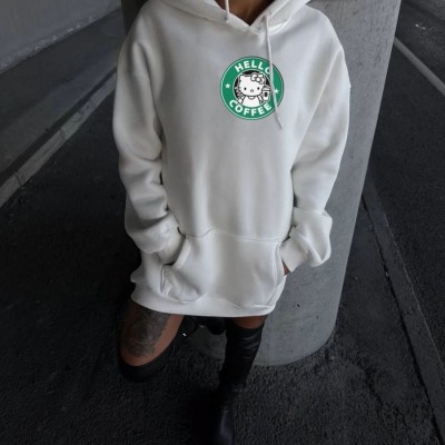 Kadın Oversize Kapüşonlu Kanguru Cepli Baskılı 3 İplik Pamuklu Sweatshirt Hoodie -   Beyaz
