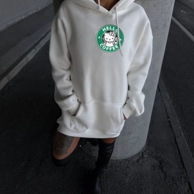 Kadın Oversize Kapüşonlu Kanguru Cepli Baskılı 3 İplik Pamuklu Sweatshirt Hoodie -   Beyaz