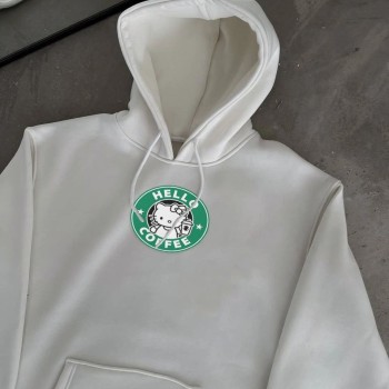 Kadın Oversize Kapüşonlu Kanguru Cepli Baskılı 3 İplik Pamuklu Sweatshirt Hoodie -   Beyaz