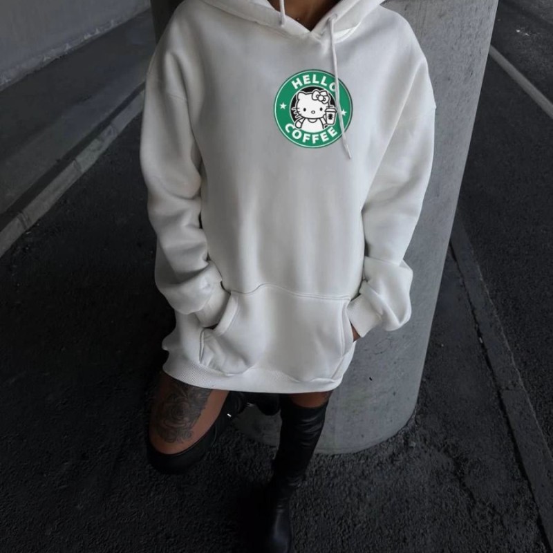 Kadın Oversize Kapüşonlu Kanguru Cepli Baskılı 3 İplik Pamuklu Sweatshirt Hoodie -   Beyaz
