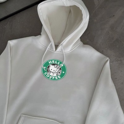 Kadın Oversize Kapüşonlu Kanguru Cepli Baskılı 3 İplik Pamuklu Sweatshirt Hoodie -   Beyaz