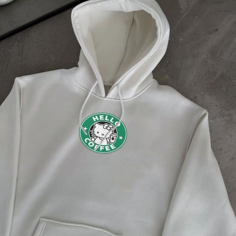 Kadın Oversize Kapüşonlu Kanguru Cepli Baskılı 3 İplik Pamuklu Sweatshirt Hoodie -   Beyaz
