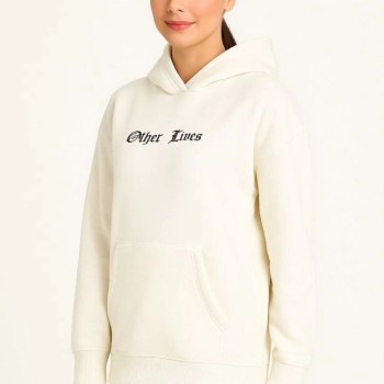 Kadın Oversize Kapüşonlu Kanguru Cepli Baskılı 3 İplik Pamuklu Sweatshirt Hoodie -   Beyaz