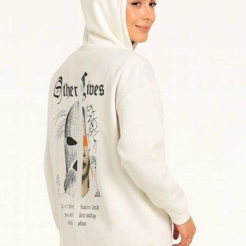 Kadın Oversize Kapüşonlu Kanguru Cepli Baskılı 3 İplik Pamuklu Sweatshirt Hoodie -   Beyaz