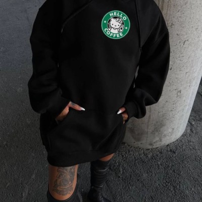 Kadın Oversize Kapüşonlu Kanguru Cepli Baskılı 3 İplik Pamuklu Sweatshirt Hoodie -   Siyah