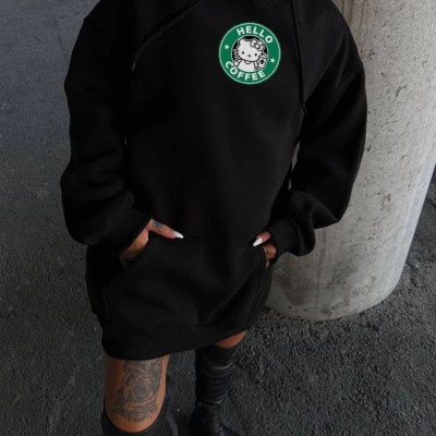 Kadın Oversize Kapüşonlu Kanguru Cepli Baskılı 3 İplik Pamuklu Sweatshirt Hoodie -   Siyah