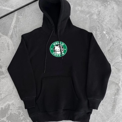 Kadın Oversize Kapüşonlu Kanguru Cepli Baskılı 3 İplik Pamuklu Sweatshirt Hoodie -   Siyah