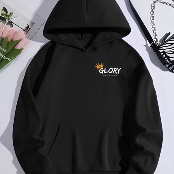 Kadın Oversize Kapüşonlu Kanguru Cepli Baskılı 3 İplik Pamuklu Sweatshirt Hoodie -   Siyah