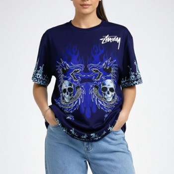 Kadın Oversize Tişört Dragon & Kuru Kafa Baskılı Bisiklet Yaka T-Shirt - Lacivert
