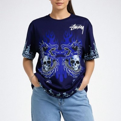 Kadın Oversize Tişört Dragon & Kuru Kafa Baskılı Bisiklet Yaka T-Shirt - Lacivert