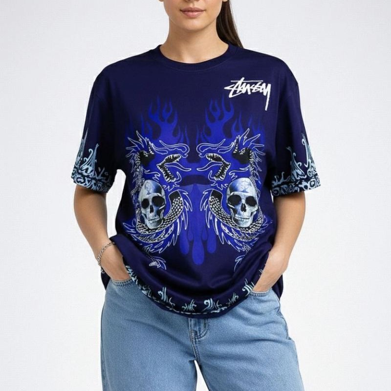 Kadın Oversize Tişört Dragon & Kuru Kafa Baskılı Bisiklet Yaka T-Shirt - Lacivert