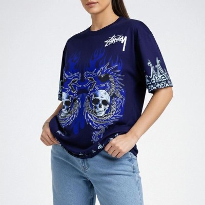 Kadın Oversize Tişört Dragon & Kuru Kafa Baskılı Bisiklet Yaka T-Shirt - Lacivert