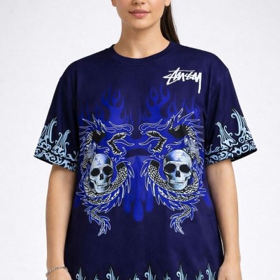 Kadın Oversize Tişört Dragon & Kuru Kafa Baskılı Bisiklet Yaka T-Shirt - Lacivert