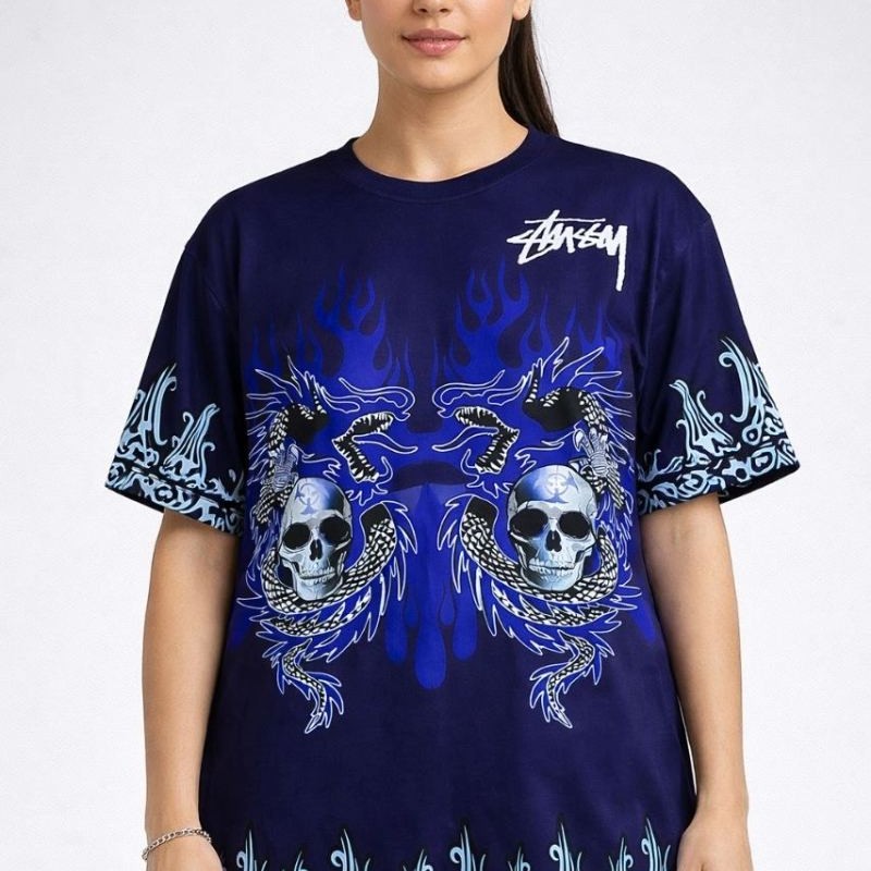 Kadın Oversize Tişört Dragon & Kuru Kafa Baskılı Bisiklet Yaka T-Shirt - Lacivert